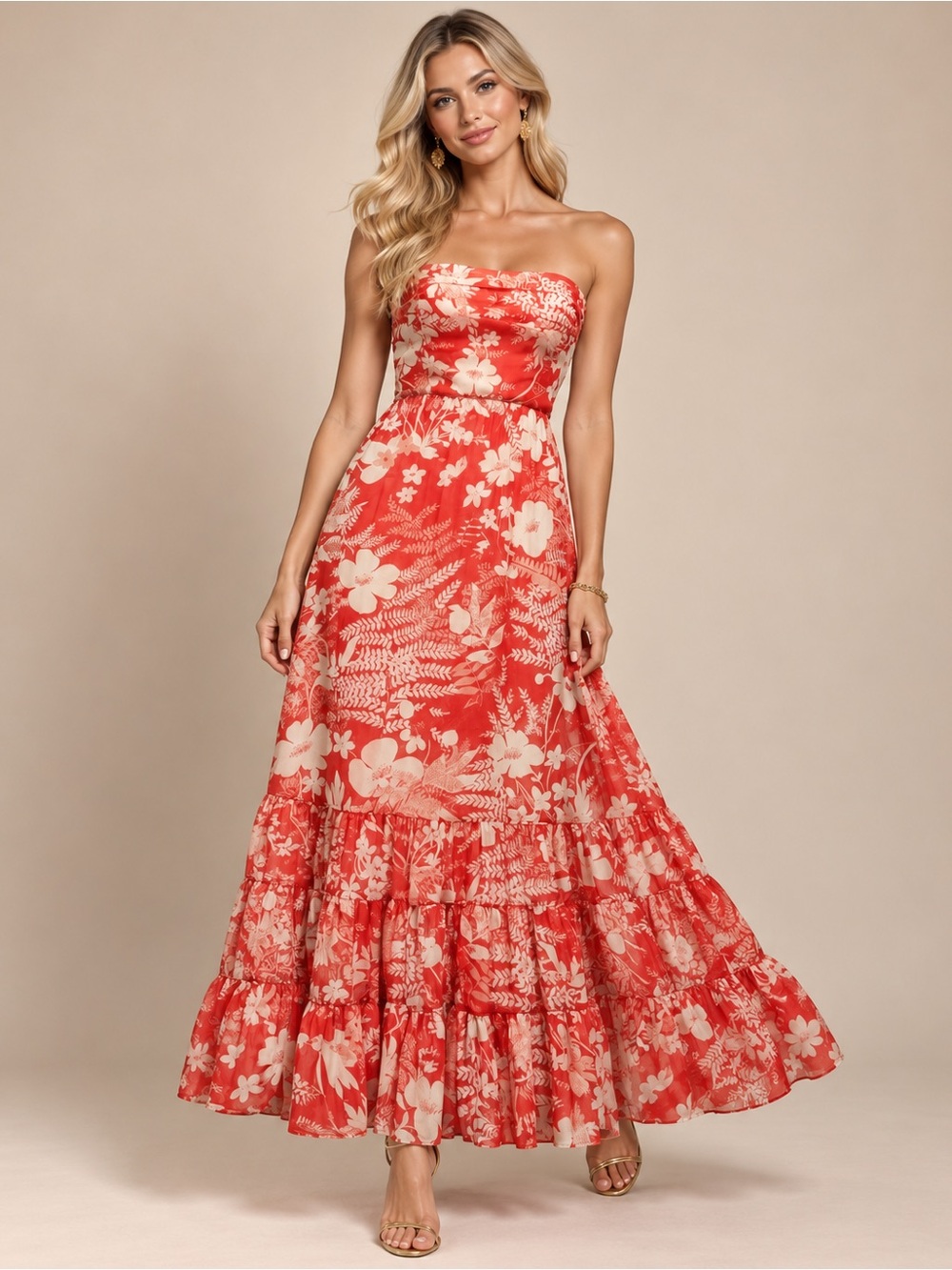 Anthropologie Coral and Cream Strapless Floral Maxi Dress